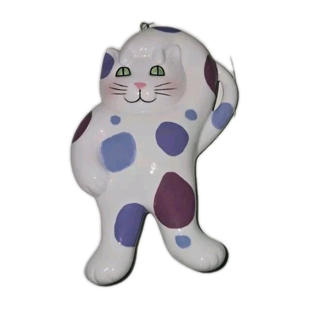 Rare VTG Dept 56 Ceramic Cat Christmas Ornament White Pink Purple Polka Dots